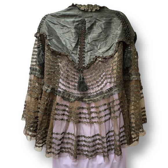 Vintage Jackets & Blazers - Antique Edwardian Lace & Silk Mourning Cape Victorian Tassel Trim 1900s Vintage
